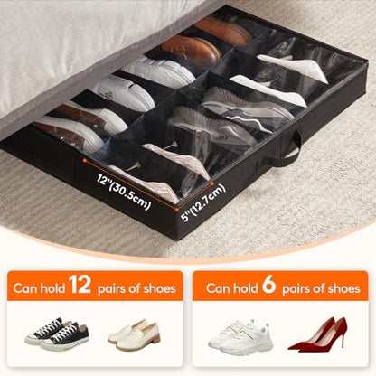 Lifewit Under Bed Shoe Storage Organizer 1 Pack(12 Shoes Cells+4 Boots Cells), 4.3 Inches Profile Fabric Shoes Container Box with Clear Cover, Foldable Storage Bag with 2 Handles, Fits 10 to 16 Pairs - style: 12 Shoes Cells+4 Boots Cells