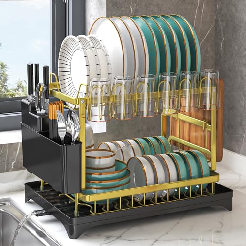 Dish Drying Rack Gold, Multifunctional Dish Racks for Kitchen Counter with Drainboard 2 Tier Dish Drainer Large Capacity for Knifes/Cup/Cutting Board - color: Gold, size: 2 Tier