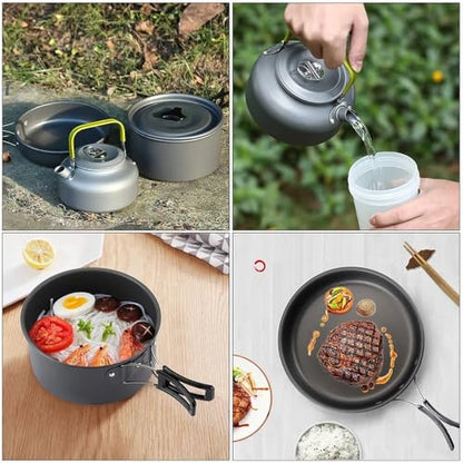 Camping Cookware Set Aluminum Nonstick Portable Outdoor Tableware Kettle Pot Cookset Cooking Pan Bowl for Hiking BBQ Picnic - color: Black