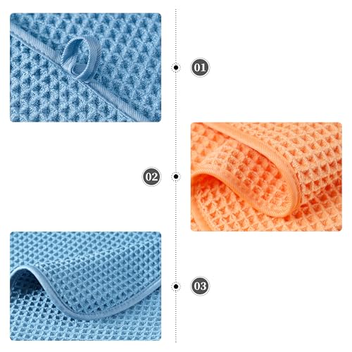 POLYTE 430 GSM Microfiber Quick Dry Lint Free Oversize Bath Towel Set, 6 Piece (Waffle Weave) - color: Blue,orange