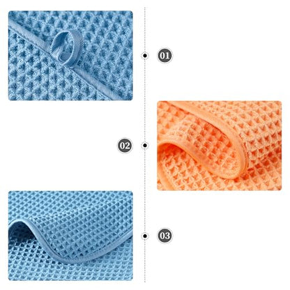 POLYTE 430 GSM Microfiber Quick Dry Lint Free Oversize Bath Towel Set, 6 Piece (Waffle Weave) - color: Blue,orange