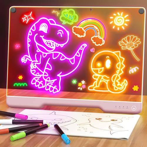 Geokay 16" Rechargeable LED Drawing Board, 9-Color Light Modes, Neon Art Dry Erase Light Up Doodle Glow Pad with Built-in Stand, Sketching Gift Toy for Kids/Girls/Teens, 7 Markers & Tracing Book - color: Pink