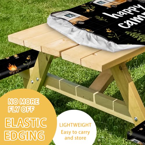 Picnic Table Cover with Bench Covers, Camping Essentials, Fitted Camping Tablecloth with Bag, Waterproof and oilproof with elastic Edge for Indoor Outdoor Patio, 72in (RV Camper) - color: RV Camping Enthusiasts