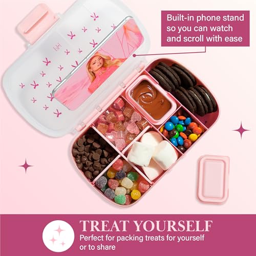 Paris Hilton 2-Pack Bento Style Snack Boxes, 7-Compartment Lunch Containers with Built-In Phone Stand, Removable Dividers and Dip Containers, Pink Bow Print - color: Pink Bow Print
