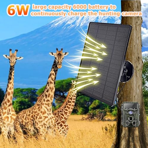 6W Solar Panel for Trail Cameras, 6V/9V/12V Solar Battery Charger Kit Built-in 6000mAh Rechargeable Battery Trail Camera Solar Panel, IP65 Waterproof Hunting Accessories, 5ft Cable