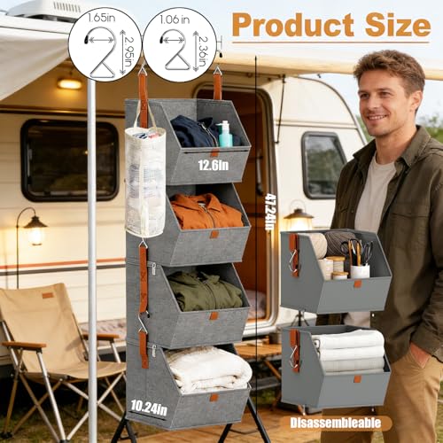 Hanging Closet Organizer with Detachable Mesh Bins - 4 Tier Fabric Storage Shelves for Closet Organization, Small Closet, Wardrobe, Bedroom, Dorm & RV, Collapsible Hanging Storage System
