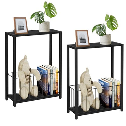 Homleke Narrow Side Tables Set of 2 with Magazine Holder, Skinny End Tables Perfect for Small Spaces, Space-Saving Design for Living Room, Bedroom, or Office, 7.1" D x 16.9" W x 23.6" H, Black - color: Black - Standard