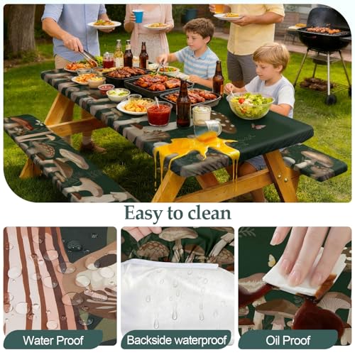 Picnic Table Cover with Bench Covers Camping Essentials Waterproof Windproof Camping Tablecloth with Drawstring Bag, Fitted Rectangle Tables and Seats, 72in, Dark Green Mushroom - color: Dark Green Mushroom, size: 72in