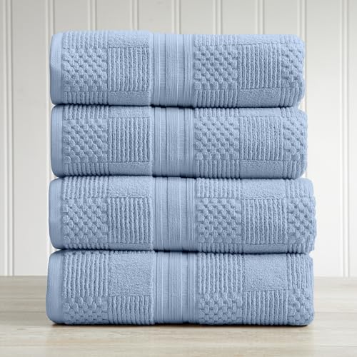 Springtree Home 100% Cotton Bath Towel Set of 4 | Blue Towels | Geometric Textured Design | Absorbent & Quick-Dry | 4 Bath Towels | Oeko-TEX® Standard 100 Cotton | Myla Collection - Blue Cashmere - color: Blue Cashmere, size: Bath Towel (4 Pack)