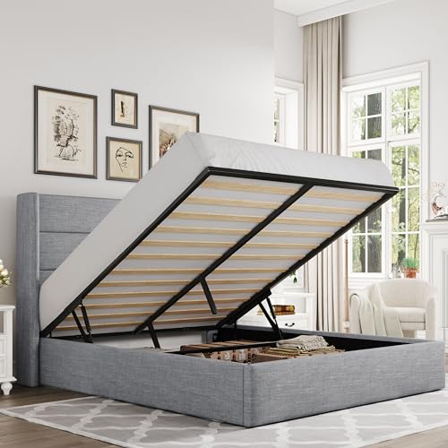 Allewie Queen Size Lift Up Storage Bed, Modern Wingback Headboard, Hydraulic Support, No Box Spring Needed, Light Grey - color: Light Grey, size: Queen, style: Modern