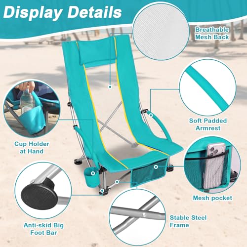 Romswi Compact High Back Beach Chair, Lightweight Low Seat Travel Chair, Beach Chair Fits in Suitcase, 400lbs Heavy Duty Folding Camping Chair with Cup Holder & Pocket, Green - color: Green - High Back