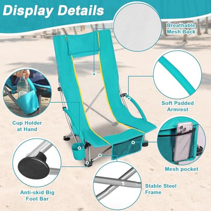 Romswi Compact High Back Beach Chair, Lightweight Low Seat Travel Chair, Beach Chair Fits in Suitcase, 400lbs Heavy Duty Folding Camping Chair with Cup Holder & Pocket, Green - color: Green - High Back