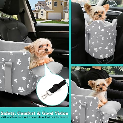 Center Console Dog Car Booster Seat for Small Dogs 0-15 lbs - Grey Pet Travel Carrier Safety Leash, Detachable Seat Belt & Storage Pockets - color: Grey