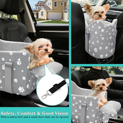 Center Console Dog Car Booster Seat for Small Dogs 0-15 lbs - Grey Pet Travel Carrier Safety Leash, Detachable Seat Belt & Storage Pockets - color: Grey