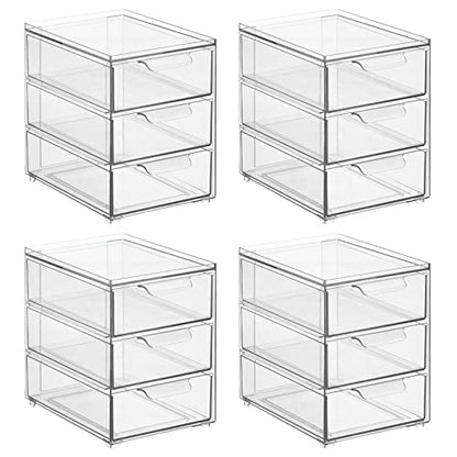 mDesign Plastic Stackable Organizer with 3 Drawers - Pull-Out Drawer Storage Bin for Bathroom Sink/Cabinet Organization - Perfect for Makeup, Small Towels, and More - Lumiere Collection, 4 Pack, Clear - size: 8 x 6 x 8 (Pack of 4)