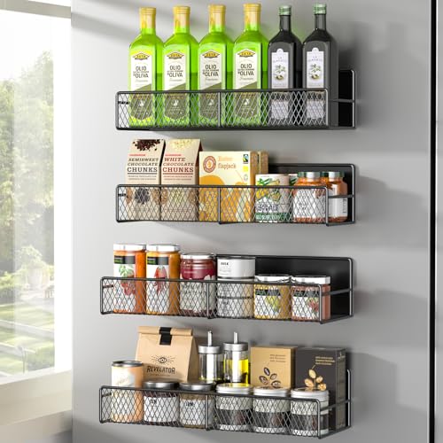 DTUQYX Magnetic Spice Rack for Refrigerator, 4 Pack 100% Metal Strong Magnet Fridge Shelves, Space Saving Spice Organizer, No Drilling Moveable Home Kitchen Laundry Room Storage Organization, Black - color: Black, style: 4 Pack
