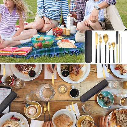 AARAINBOW 6 Pieces Stainless Steel Flatware Set Portable Reusable Cutlery Set Travel Utensils Set Including Chopsticks Knife Fork Spoon Straws Cleaning Brush Dishwasher Safe (B-Black golden) - color: B-Black golden