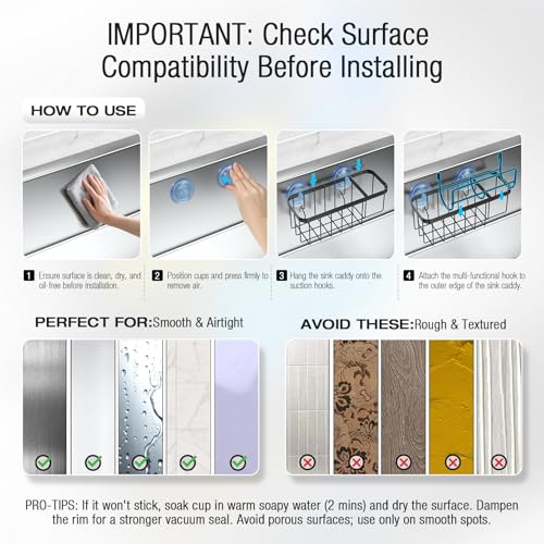 3-in-1 Kitchen Sink Caddy Organizer with Sponge Holder, Brush Holder, Extra Rack for Scrubber, Sink Stopper, Dish Cloth Hanger - Strong Dual Suction Cup, 2.0mm SUS304 Stainless Steel - Black - color: Black