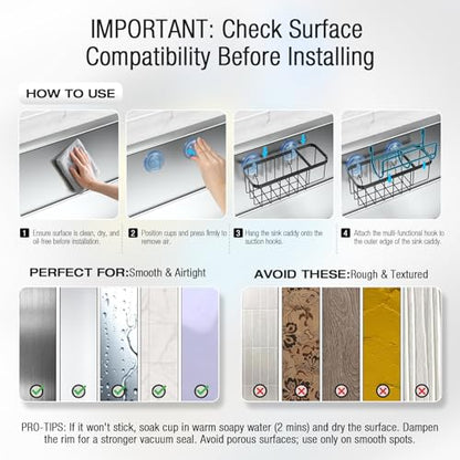 3-in-1 Kitchen Sink Caddy Organizer with Sponge Holder, Brush Holder, Extra Rack for Scrubber, Sink Stopper, Dish Cloth Hanger - Strong Dual Suction Cup, 2.0mm SUS304 Stainless Steel - Black - color: Black