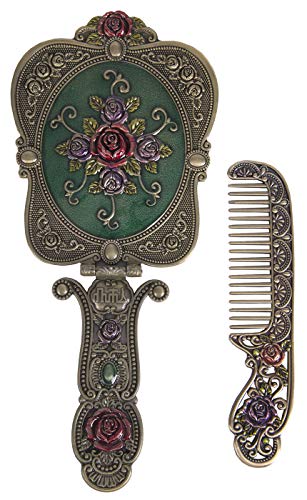 Nerien Antique Mirror Comb Set Vintage Metal Handheld Makeup Mirror with a Comb Russian Style Embossed Rose Hand Mirror Travel Portable Foldable Mirrors Decorative Tabletop Stand Mirror Bronze - color: A - Bronze