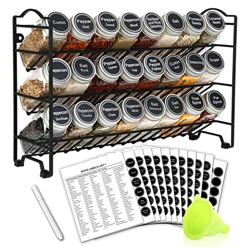 SWOMMOLY Spice Rack Organizer with 24 Empty Glass Spice Jars, 396 Spice Labels with Chalk Marker and Funnel Complete Set, for Countertop, Cabinet or Wall Mount, Black - size: 3 Tier