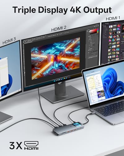 Selore USB C Docking Station 3 HDMI, 13-in-1 Laptop Docking Station with Triple 4K HDMI, Smart Display, 2.5G Ethernet, 100W PD, 10Gbps USB A/C 3.1, SD/microSD Card Reader for Dell/HP/Lenovo Laptops - color: Space Grey