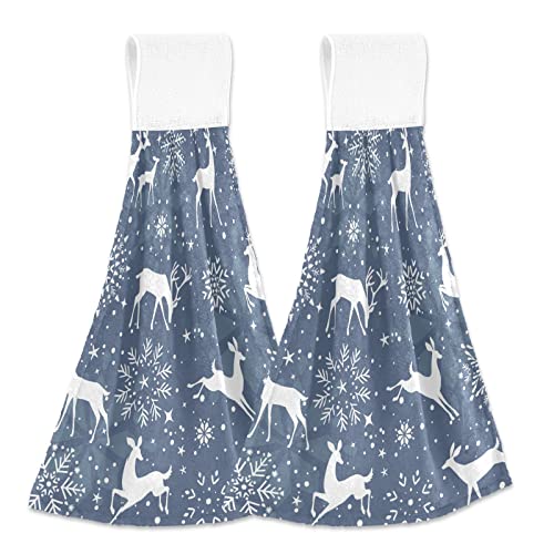 Vnurnrn Hand Towels for Kitchen 2 Pcs Hanging Kitchen Towels Set，Soft Absorbent Tea Bar Dish Cloths Bath Towel for Bathroom Laundry Room (Snowflake and Reindeer) - color: Snowflake and Reindeer