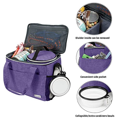BAGLHER Dog Travel Bag Backpack Pet Supplies Backpack 5-Piece Set with Shoulder Strap 2 Lined Pet Food Containers 2 Foldable Feeding Bowls Essential Kit for Pet Travel - color: Purple, size: Medium