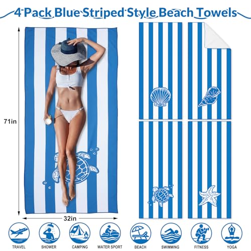 Frienda 4 Pack Microfiber Oversized Lightweight Beach Towel 71x32 in for Women Men Microfiber Quick Dry Sand Free Ocean Coastal Towels for Beach Pool Travel (Blue and White Stripes) - style: Blue and White Stripes