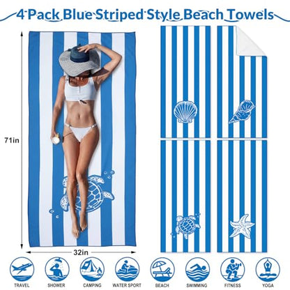 Frienda 4 Pack Microfiber Oversized Lightweight Beach Towel 71x32 in for Women Men Microfiber Quick Dry Sand Free Ocean Coastal Towels for Beach Pool Travel (Blue and White Stripes) - style: Blue and White Stripes