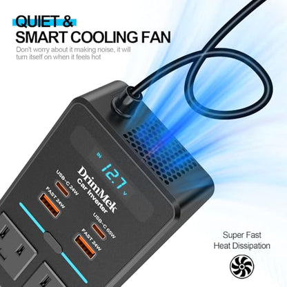 300W Car Power Inverter 12V to 110V Car Outlet Adapter | 65W USB-C Fast Charging for Laptops, LED Display.