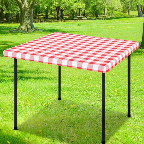Smiry Square Picnic Table Cloth, Elastic Waterproof Fitted Vinyl Tablecloths, Flannel Backed Buffalo Plaid Table Covers for Dining, Camping, Outdoor (White and Red, 34" x 34") - color: White and Red, size: 34" x 34" (Square)