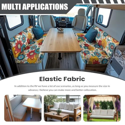 Boho Flowers RV Dinette Cushions Covers RV Bench Furniture Protector Set with 1 Backrest Cover & 1 Bench Cover, Washable - color: Boho Flowers