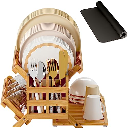 Greenual Bamboo Dish Drying Rack with Utensil Holder, 3 Tier Collapsible Dish Rack, Wooden Dish Racks for Kitchen Counter, Large Folding Drying Holder with Absorbent Dish Drying Mat - color: Natural, size: 3-Tier+Dish Drying Mat