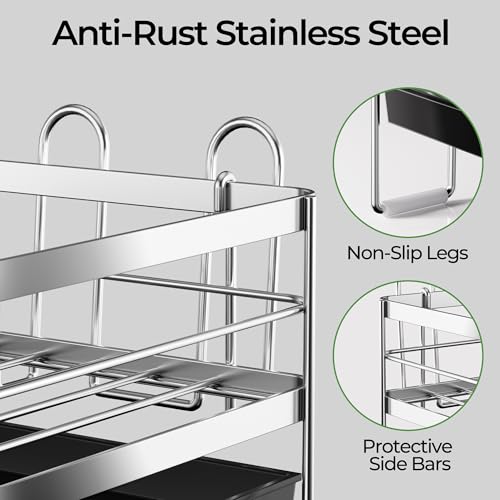 Large 2 Tier Dish Drying Rack, Extendable Dish Rack, Stainless Steel Anti-Rust Dish Rack for Kitchen Counter, Multifunctional Dish Drainer with Utensil & Cup Holder, 13.4"-28.7" L x 11.8" W - color: Silver, size: 2 Tier