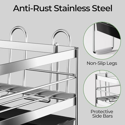 Large 2 Tier Dish Drying Rack, Extendable Dish Rack, Stainless Steel Anti-Rust Dish Rack for Kitchen Counter, Multifunctional Dish Drainer with Utensil & Cup Holder, 13.4"-28.7" L x 11.8" W - color: Silver, size: 2 Tier