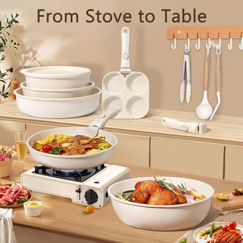 GiPP Ceramic Pots and Pans Set Non Stick, Nonstick Detachable Handle Cookware Sets, Healthy Non Toxic PFAS PFOA & PTFE Free, Dishwasher ＆Oven Safe, Induction Kitchen Pot and Pan, 15 Piece Cream - color: White, size: 15PCS 01
