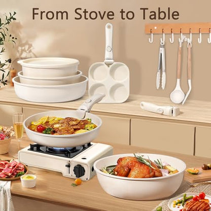 GiPP Ceramic Pots and Pans Set Non Stick, Nonstick Detachable Handle Cookware Sets, Healthy Non Toxic PFAS PFOA & PTFE Free, Dishwasher ＆Oven Safe, Induction Kitchen Pot and Pan, 15 Piece Cream - color: White, size: 15PCS 01