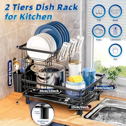 GAOKASE Dish Drying Rack, Stainless Steel-Dish Rack, Dish Racks for Kitchen Counter, Kitchen Dish Drainers with Removable Utensil Holder,New Drain Outlet,Plate Rack and Drainboard (Black 3) - color: Black 3