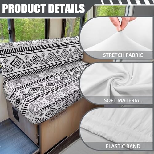 RV Dinette Cushion Covers - Black White Aztec Stretch Slipcovers, 2-Piece Set for Camper Booth Seat Protector, Anti-Slip Furniture Protector (Fits RV Sofa & Travel Trailer) - color: Black White Aztec
