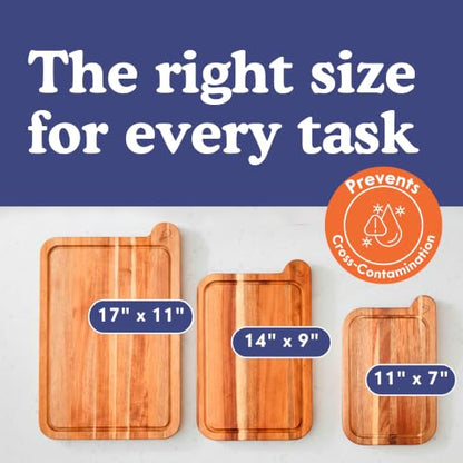 Non-Toxic Acacia Cutting Board Set of 3, Mineral Oil Free, Plastic Free | Petroleum free. No BPA. FSC-certified wood. 3 sizes: 17x11, 14x9 & 11x7 in. Beeswax, flaxseed & lemon oil finish.