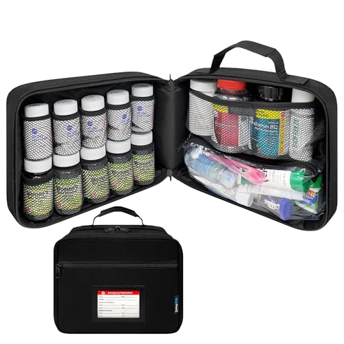 Large Medicine Organizer Bag With Emergency Card - 10 Pocket Pill Bottle Organizer for Travel & Home Storage, Black - color: - LG Black Emergency Card