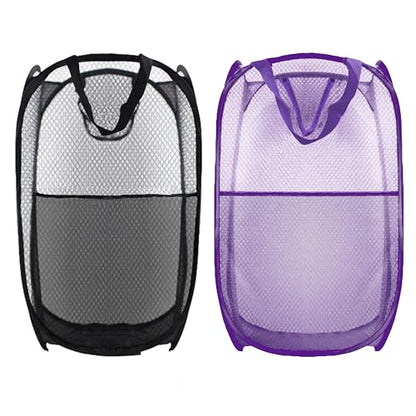 Collapsible Pop Up Laundry Hamper, Extra Large Mesh Foldable Laundry Basket Bag, 28" x 16" x 16", 2 Pack (Black + Purple) - color: 2P Black+Purple