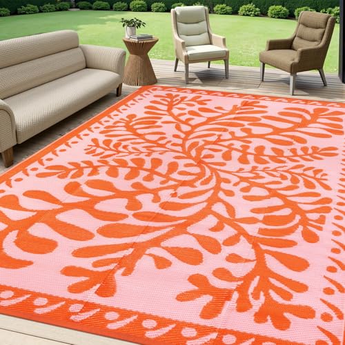 Anidaroel 8x10 Outdoor Rug for Patios Clearance, Waterproof Camping Rug for Outside RV, Reversible Plastic Straw Outside Rugs, Large Outdoor Area Rug for Garden, Camper, Pool Deck(Orange,8’x10’) - color: Orange Waterweed, size: 8' x 10' (Rectangular)