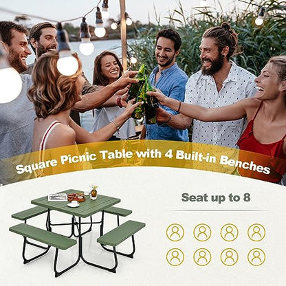 Tangkula 8 Person Picnic Table, Outdoor Square Picnic Table with 4 Built-in Benches, Umbrella Hole, Metal Frame & HDPE Tabletop, Outside Table and Bench Set for Backyard, 2300lbs Weight Capacity - color: Green