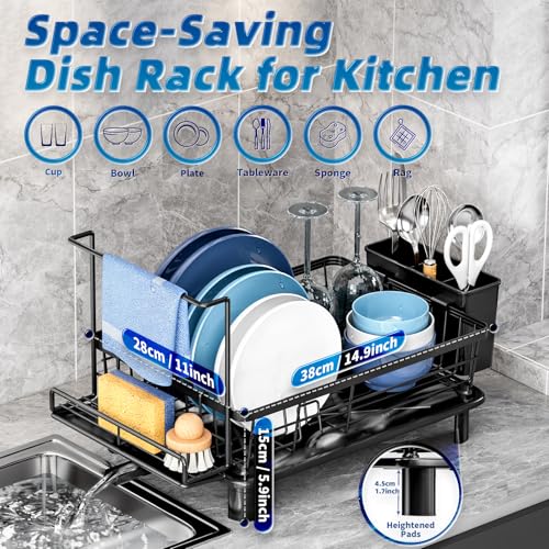 Dish Drying Rack, Stainless Steel-Dish Rack, Dish Racks for Kitchen Counter, Kitchen Dish Drainers with Removable Utensil Holder,New drain outlet,Plate Rack and Drainboard,(Black2 with Sponge Rack ) - color: Black 2