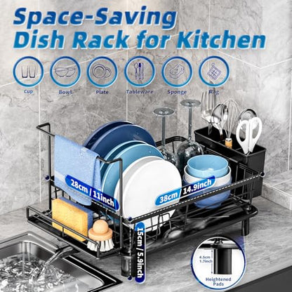 Dish Drying Rack, Stainless Steel-Dish Rack, Dish Racks for Kitchen Counter, Kitchen Dish Drainers with Removable Utensil Holder,New drain outlet,Plate Rack and Drainboard,(Black2 with Sponge Rack ) - color: Black 2