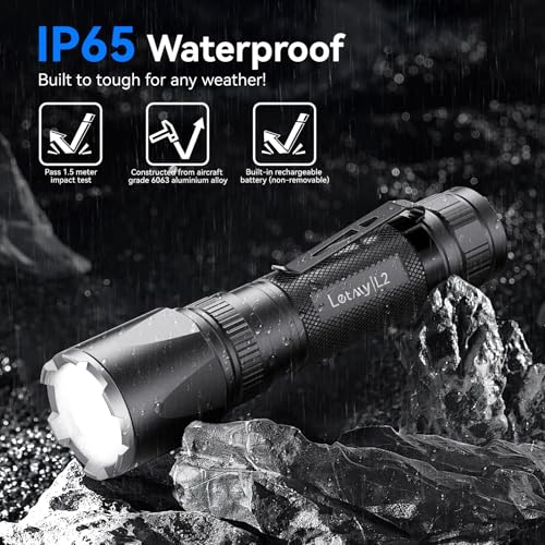LETMY Rechargeable Flashlights High Lumens, 2 Pack 2000 Lumens Super Bright LED Tactical Flashlight, 3 Modes Samll Powerful Flash Lights with Clip, Waterproof Flashlights for Home Emergency Camping - color: Black