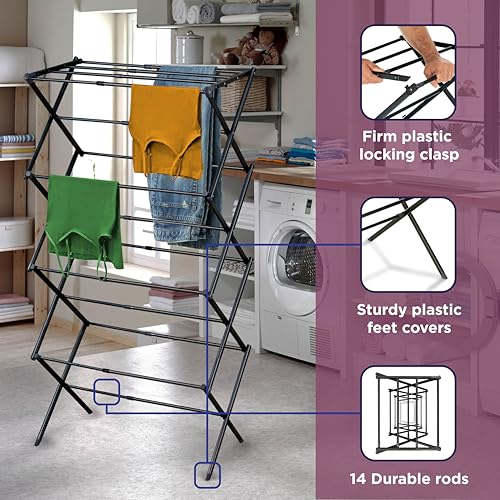 BLACK+DECKER 4-Tier Expandable Collapsible Clothes Drying Rack, Telescopic Height, Foldable Space-Saving Laundry Air Dryer for Towels, Shirts & Delicates – Durable Steel, No Tools Needed - color: Black/Black
