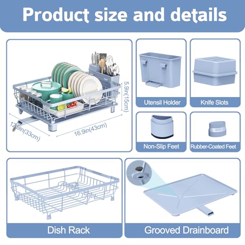 Dish Drying Rack - Space Saving Dish Rack - Dish Racks for Kitchen Counter with Drainboard,Rustproof Dish Drainer with Removable Utensil Holder,Blue - color: 1 Tier-blue